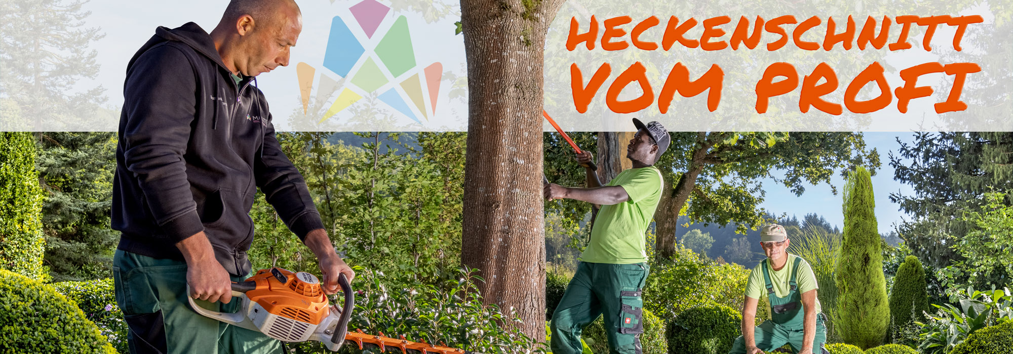 Arbeiter schneiden Hecken im Garten.